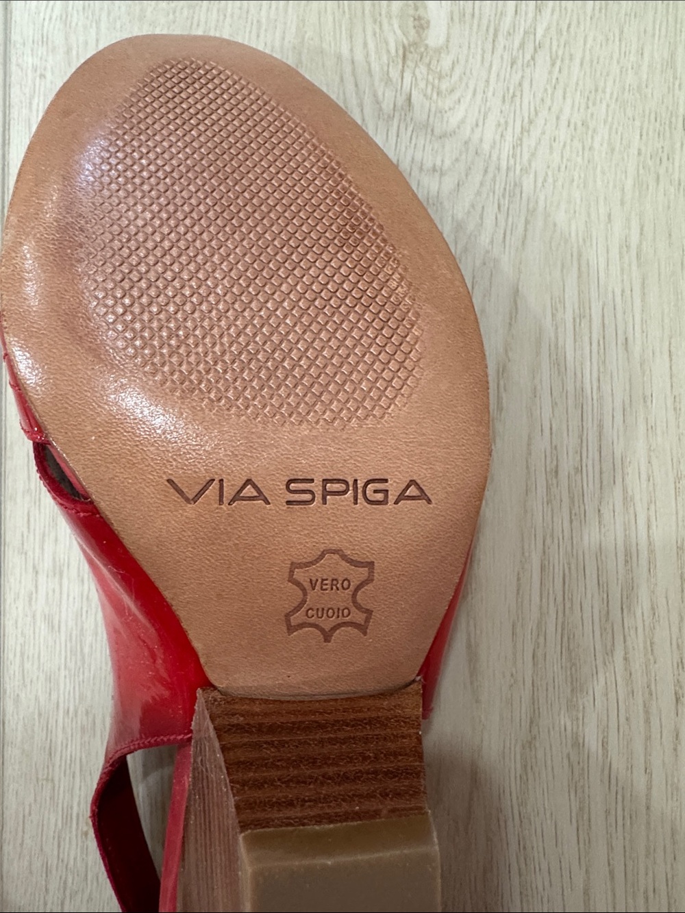 Via Spiga Red Patent Peep-Toe Slingback Heels with Cutout Perforation - Picture 9 of 9